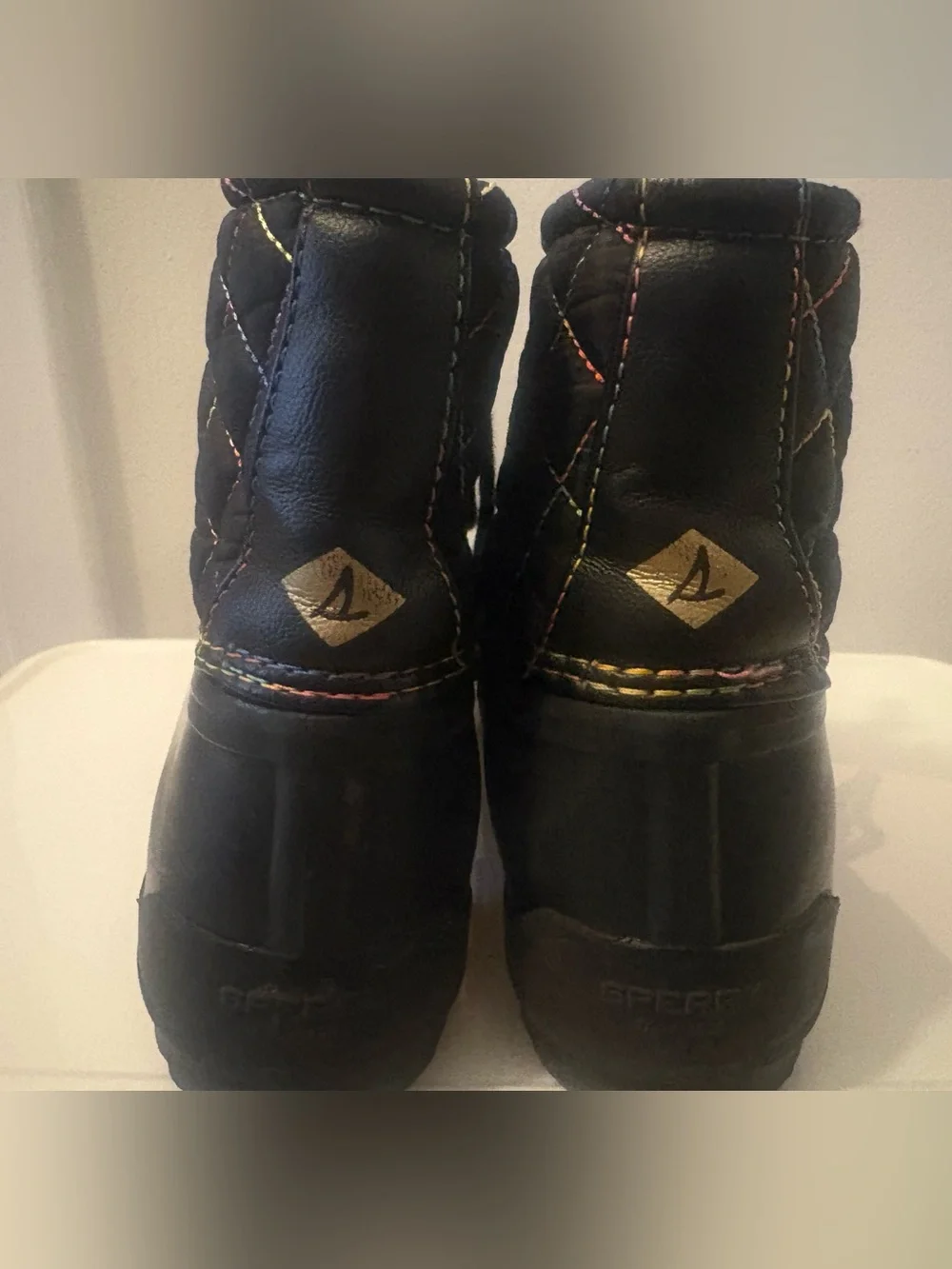 Sperry Kids Black Quilted Duck Boots with Multicolor Stitching, US Size 4M
